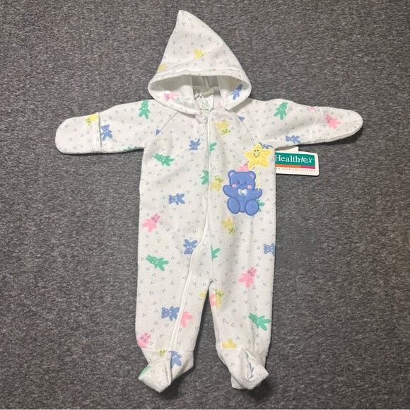 Vintage HealthTex Hooded Pram Suit Bunting Sleeper NWT USA Zip Up Bears Flaw - Picture 1 of 13